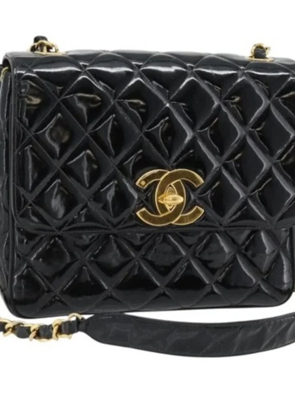 CHANEL Matelasse Chain Shoulder Bag Patent leather Black Gold CC Auth yk18276